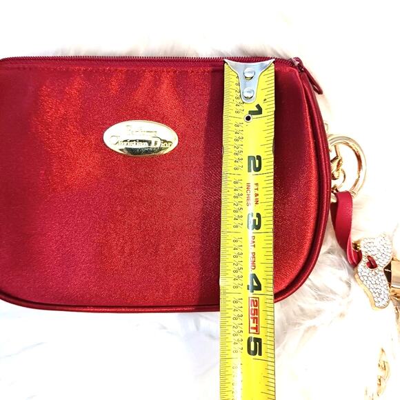 DIOR CROSSBODY Purse 6.5x4 Red Satin Beaute bag added Crystal Tassel Gold Chain - Picture 14 of 16